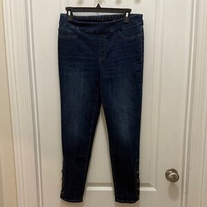 Chico's Dark Blue Ankle Jeans with brass buttons at ankle.  Size 2R